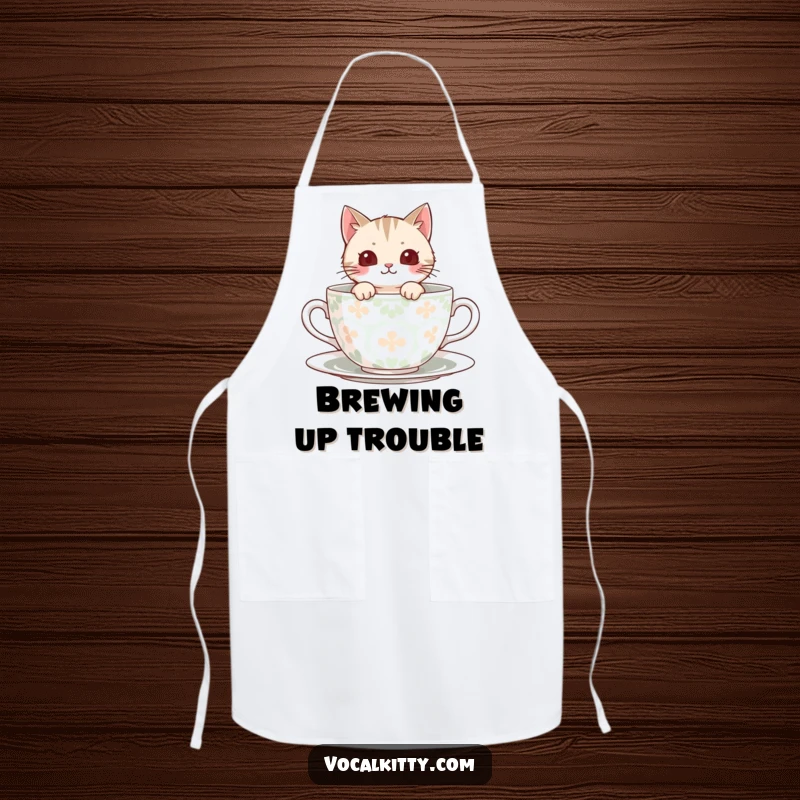 Funny Apron depicting a cat peeking out from a patterned teacup, adding charm to kitchen tasks.