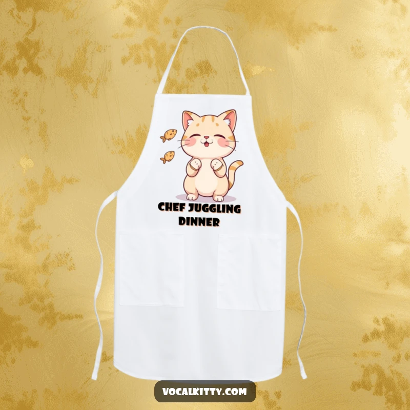 Funny cat apron showing a skilled cat character juggling three small fish with its paws, a humorous and protective kitchen accessory.