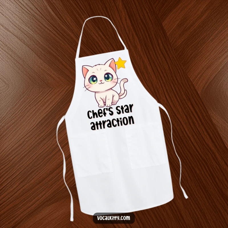 Funny Apron featuring a cat with wide, sparkling eyes chasing a shimmering star, perfect for kitchen magic.