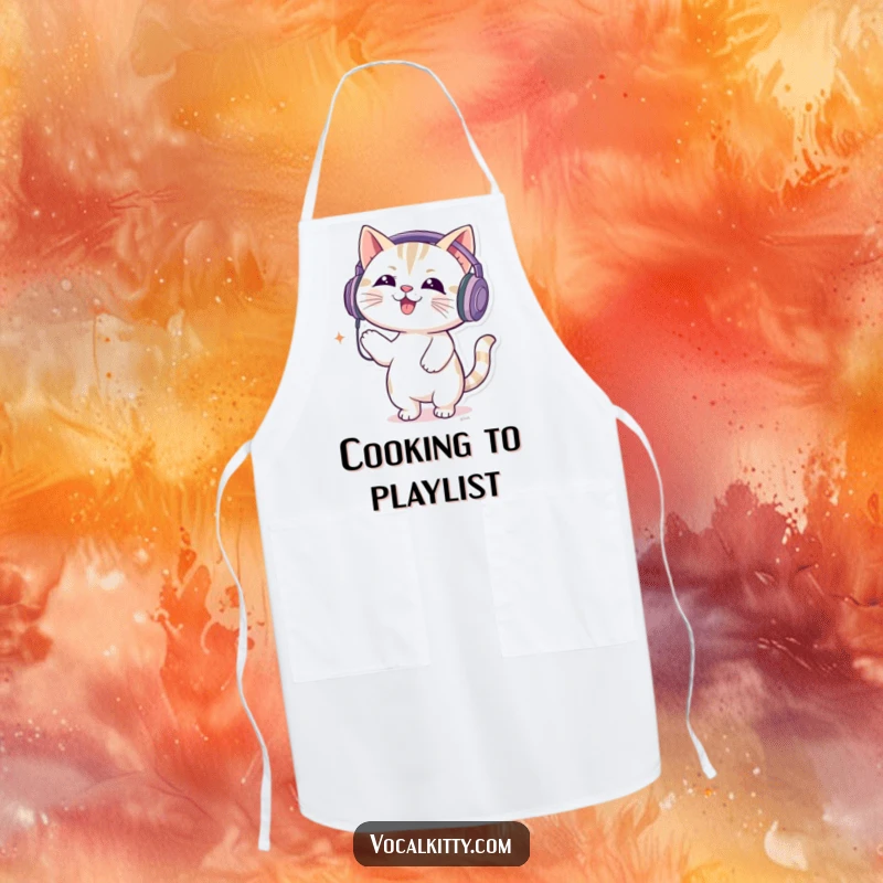 Funny apron with a cat wearing oversized headphones, energetically bouncing to loud music, perfect for a fun kitchen.