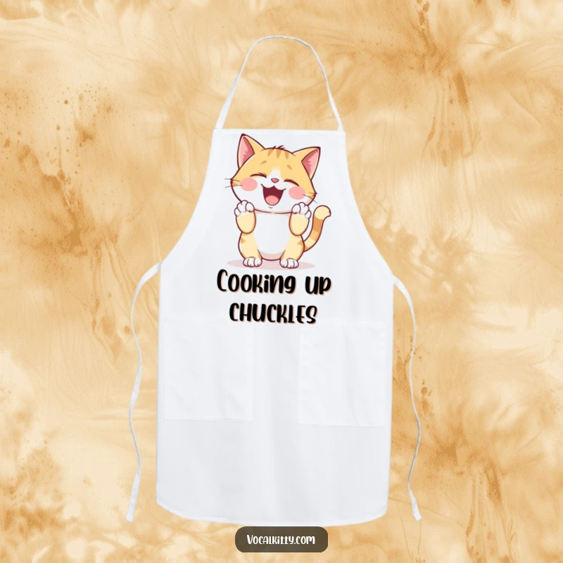 Funny Kitchen Apron showing a cat character giggling heartily, clutching its sides, ready for kitchen silliness.