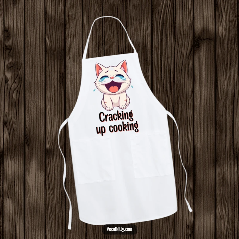 Funny roaring laughter cat apron, tears streaming, perfect for cooking with a side of side-splitting humor.
