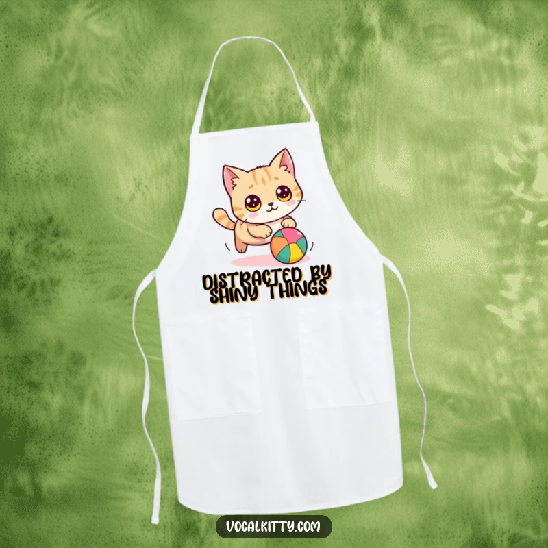 Funny cat apron showing a round cat with wide eyes, comically chasing a colorful ball, a humorous addition to kitchen wear.
