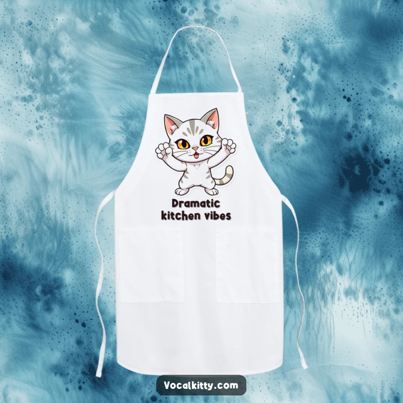 Funny apron featuring a dramatic cat in a loud, attention-grabbing pose, perfect for adding humor to cooking and kitchen tasks. Whimsical chef wear.