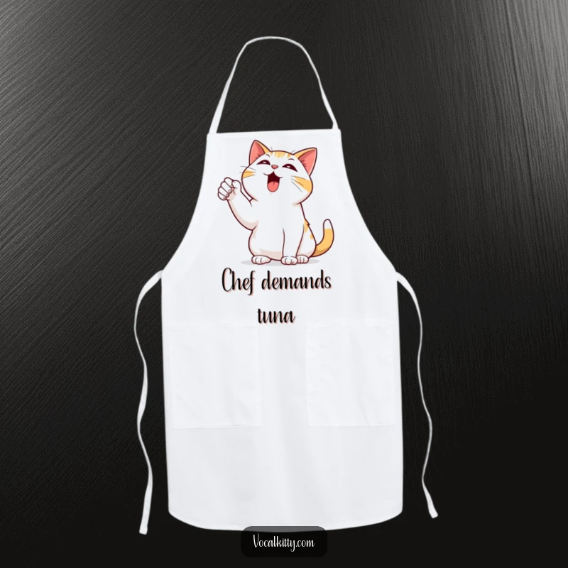 Funny apron showing a black cat dramatically pointing a paw to the sky, bellowing loudly during a kitchen escapade.
