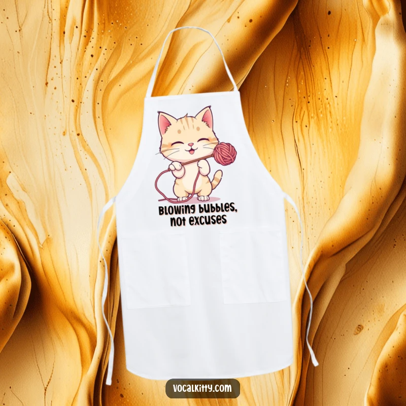 Funny Apron depicting a cat playfully batting at a shimmering soap bubble, bringing joy to the kitchen.