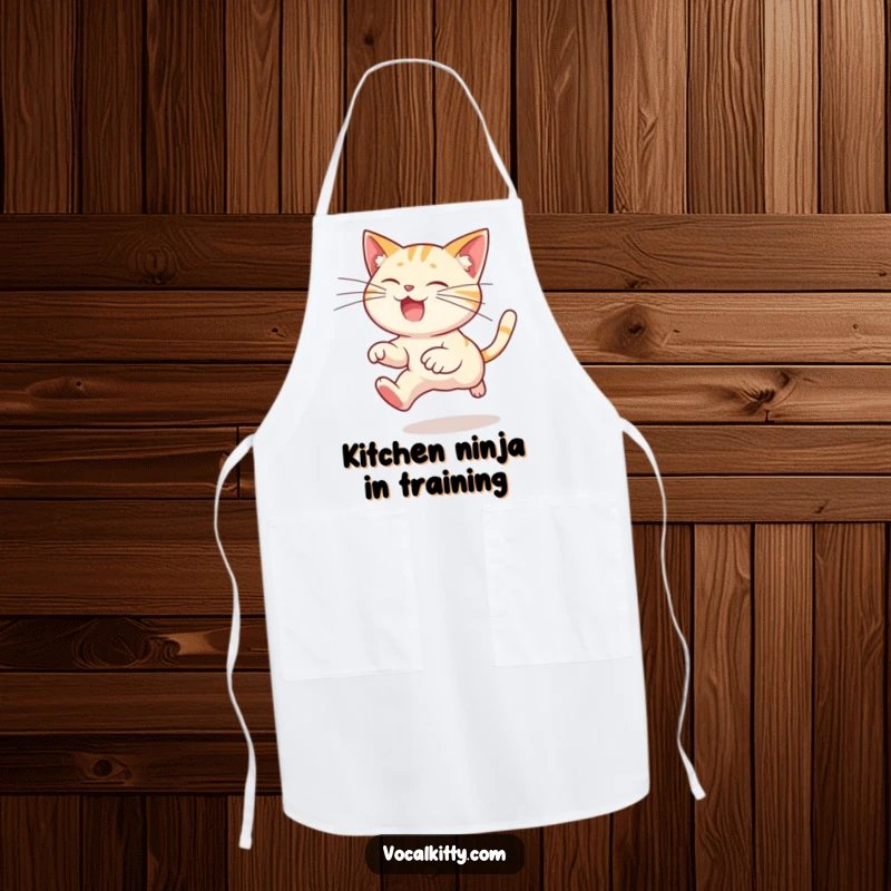 Funny cat apron showing a cartoon cat leaping energetically, its exaggeratedly long whiskers trailing, adding a humorous touch to kitchen activities.