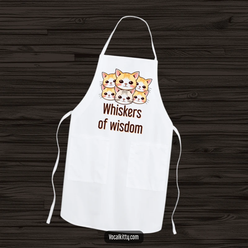 Funny cat apron decorated with small cartoon cat heads and their whiskers radiating outwards, adding a humorous and charming touch to cooking.