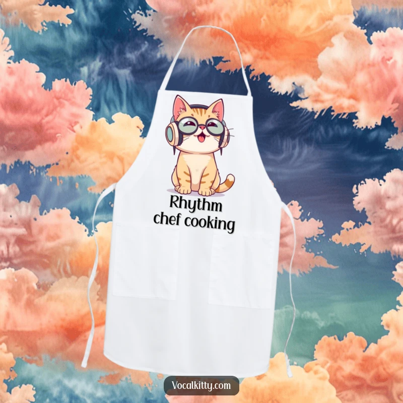 Funny apron with a cat wearing large headphones, enthusiastically bobbing its head to music, perfect for music-loving chefs.