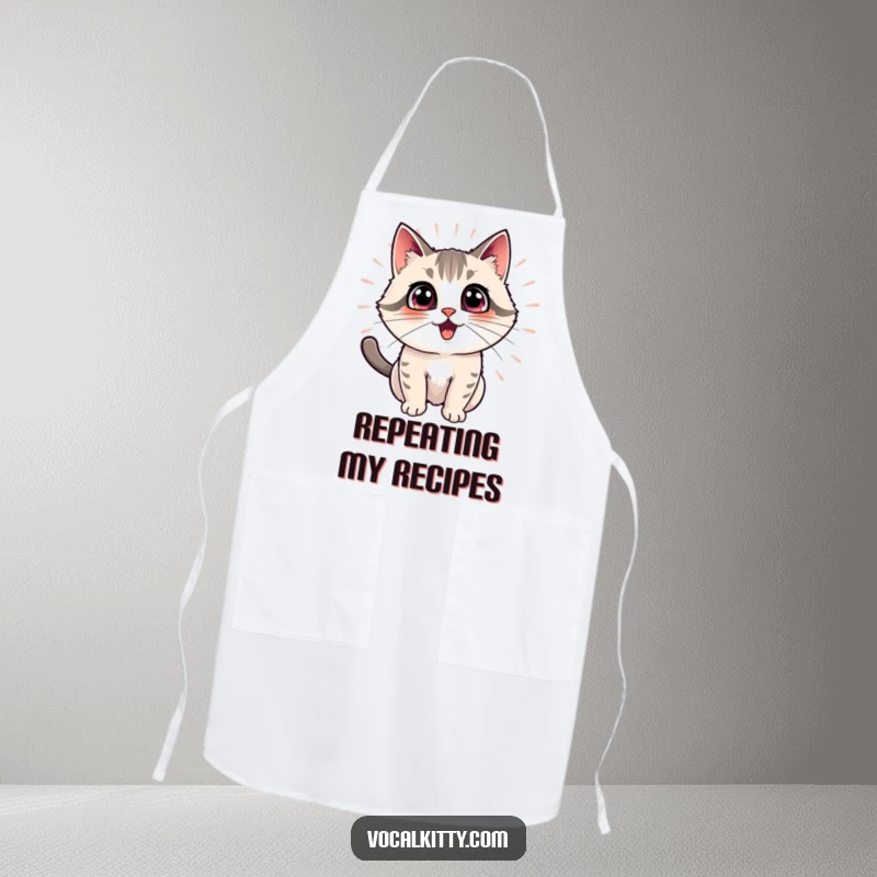 Funny cat apron design showing an excited cat with radiating echo effects, perfect for cooks who bring amplified energy to the kitchen.