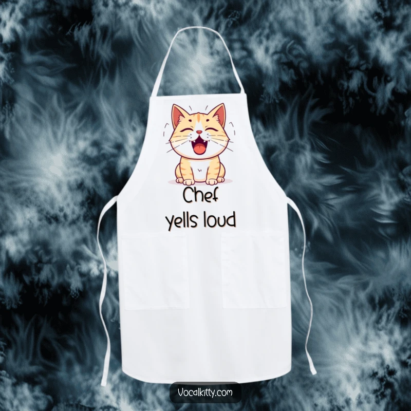Funny cat apron showing a cat with its mouth open and sound waves flying out, ready to announce dinner time.