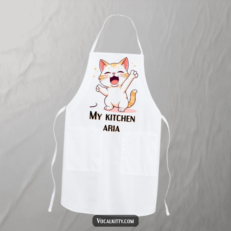Funny apron with a cartoon cat character striking a dramatic singing pose in the kitchen, ready for applause.