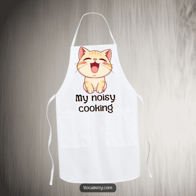 Funny apron with a cartoon cat character with its mouth wide open, letting out a joyful squeal while cooking.