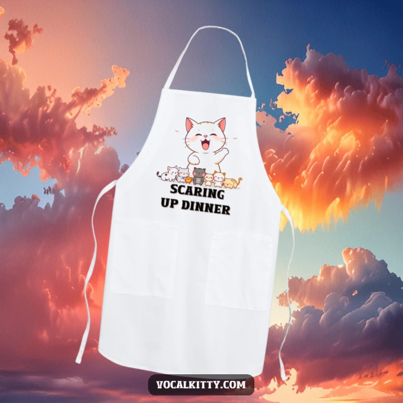 Funny cat apron design showing a cat letting out a loud meow, comically startling a row of small, unsuspecting animals.