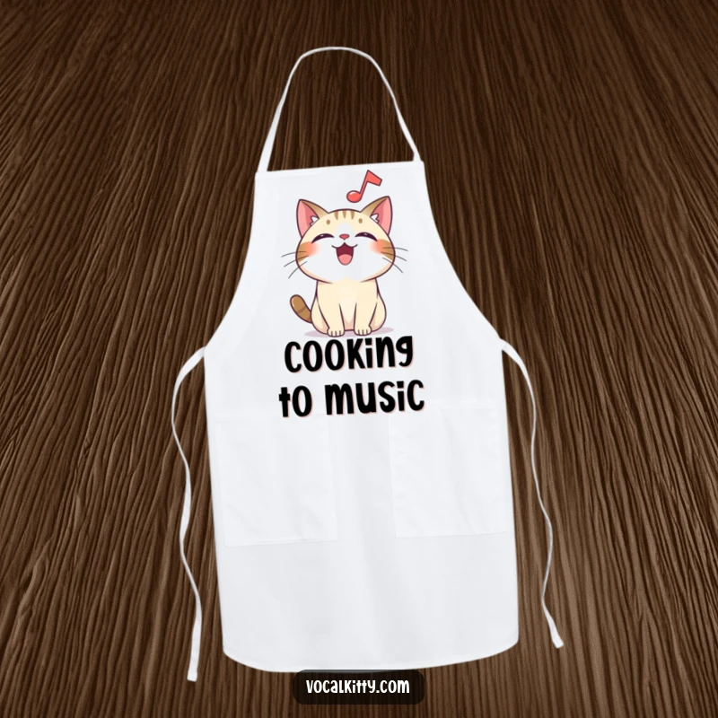 Funny overjoyed cat apron, with a musical note, perfect for cooking up a storm with cheerful, harmonious humor.