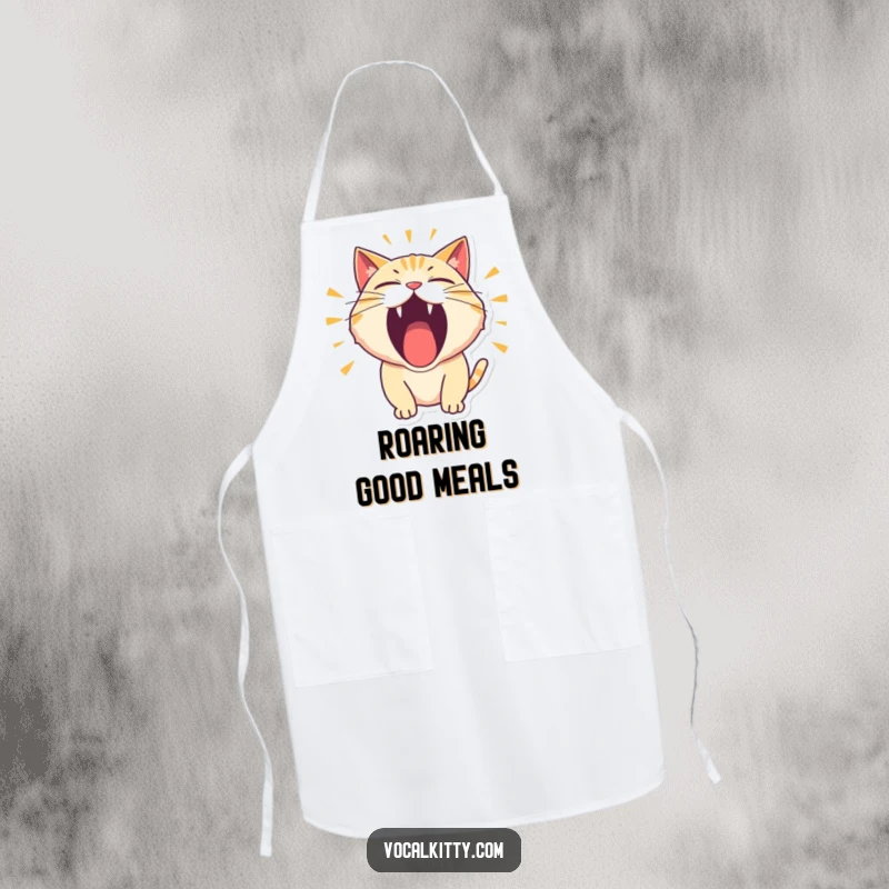 Funny Apron of a cat character roaring thunderously with its mouth wide open in a comical way.