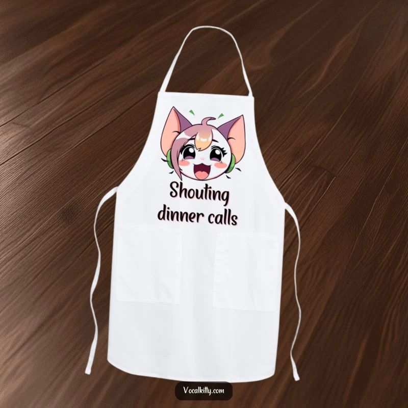 Funny apron with a character featuring oversized ears and emitting sound waves from an open mouth. Ideal for cooks.