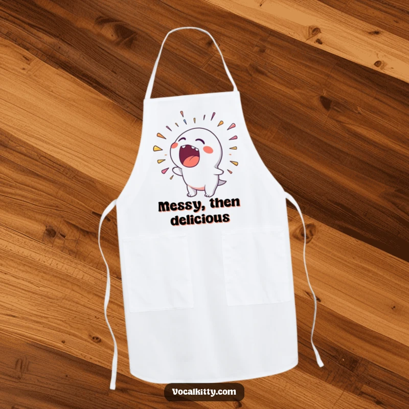 Funny apron with a character loudly spewing a colorful rainbow of noise, perfect for a chef who embraces kitchen chaos.
