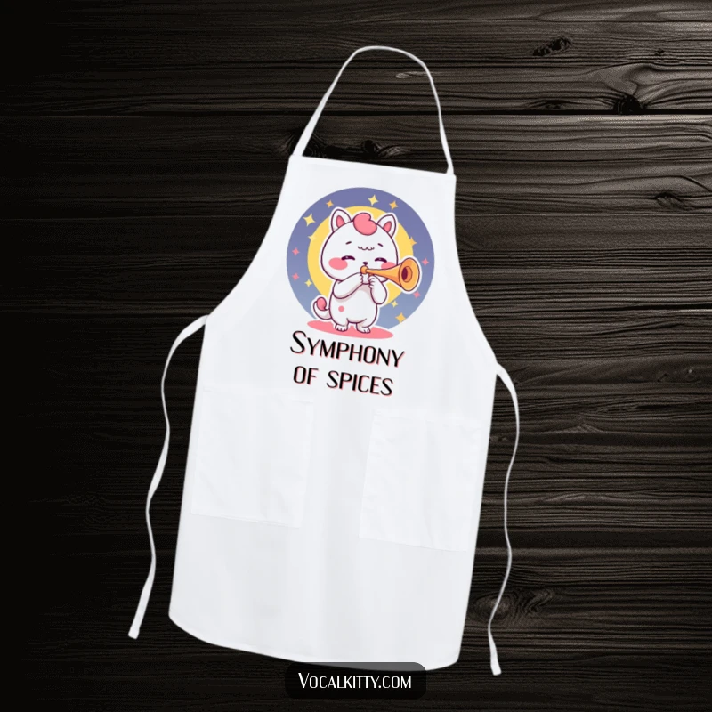 Funny apron featuring a character using its voice box like a trumpet, spreading vibrant musical notes during cooking.