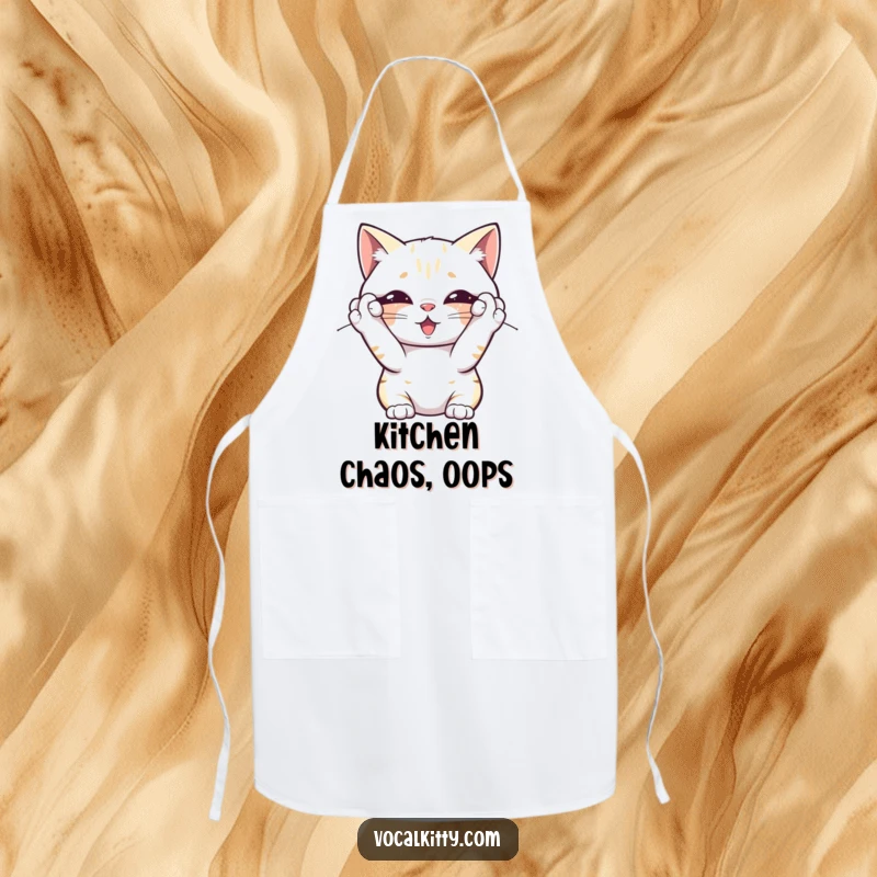 Funny apron featuring a cat covering its ears, overwhelmed by its own noise, perfect for cooking with a side of humorous, relatable stress.