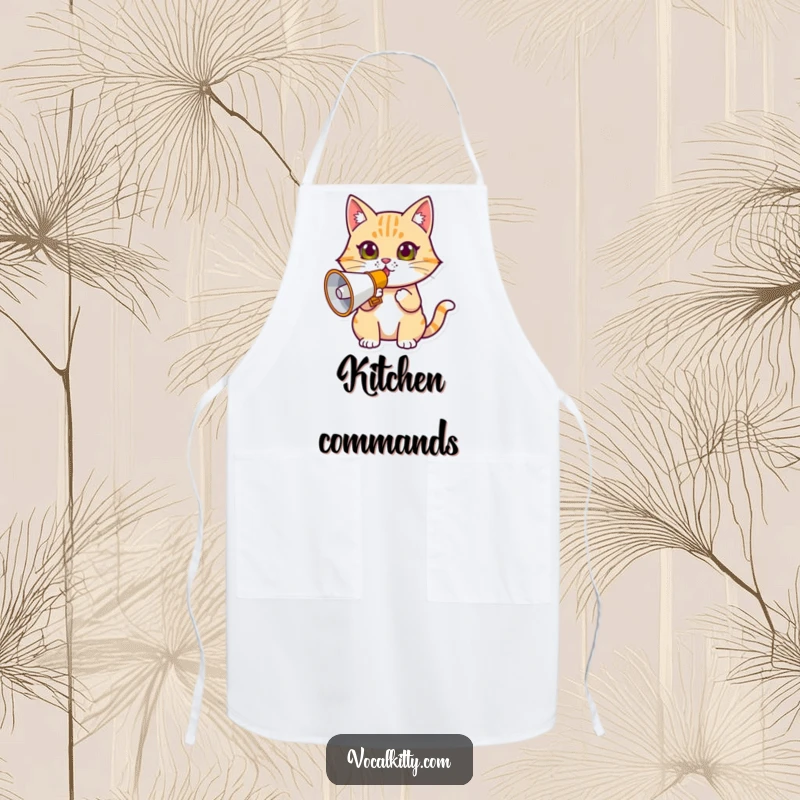 Funny determined cat apron, holding a megaphone, ready to announce culinary masterpieces.