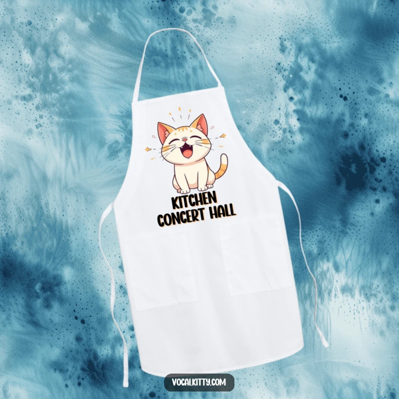 Funny apron featuring a cat with amplified sound waves, perfect for cooks who love to make a loud and humorous statement in the kitchen.
