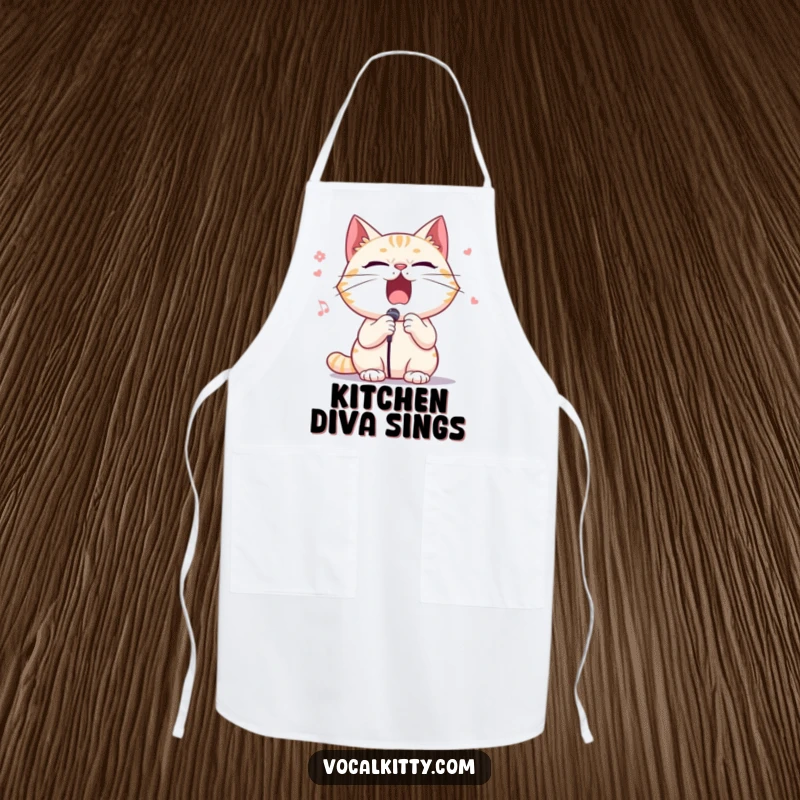 Funny apron with a cat character singing opera with dramatic gestures, perfect for the passionate home cook.