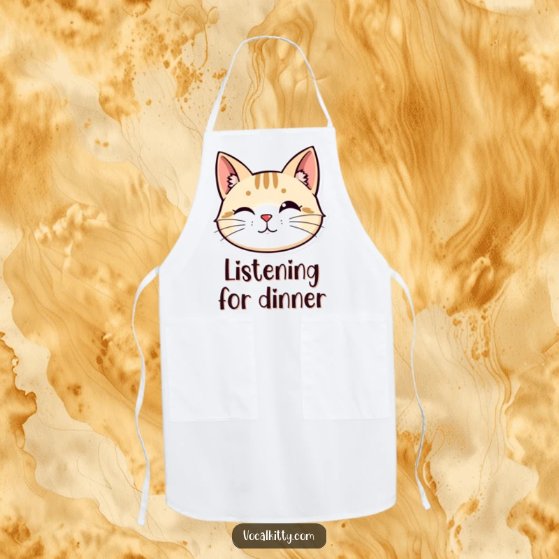 Funny apron: A stylized cat head with perked ears and vibrating whiskers, showing keen attention in the kitchen.