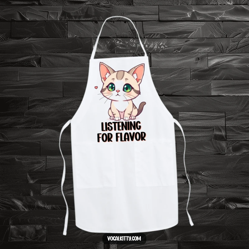 Funny apron with a cat sporting comically large, flared ears, demonstrating intense focus on a subtle, distant sound.