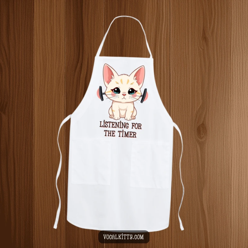 Funny apron with a cat sporting comically large ears, in a listening pose, ideal for humorous kitchen wear.