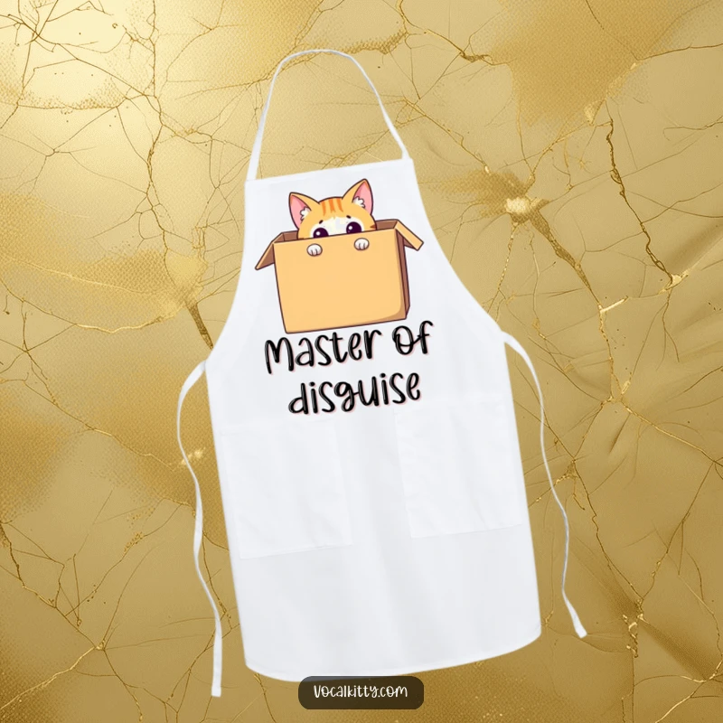 Funny cat apron showing a curious feline character peeking out from a large cardboard box, a humorous and protective kitchen accessory.