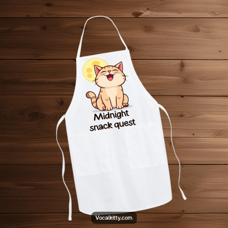 Funny howling cat moon apron, showing a happy cat howling at a cartoon moon, perfect for kitchen fun and nighttime themes.