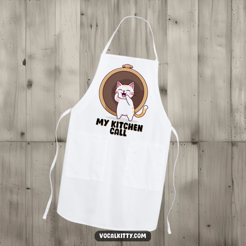 Funny cat character ringing a massive bell, causing a sound boom, on a practical and humorous kitchen apron.