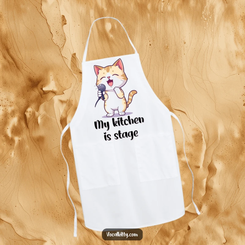 Funny apron depicting a cat in a karaoke pose, enthusiastically holding a microphone, for kitchen performances.