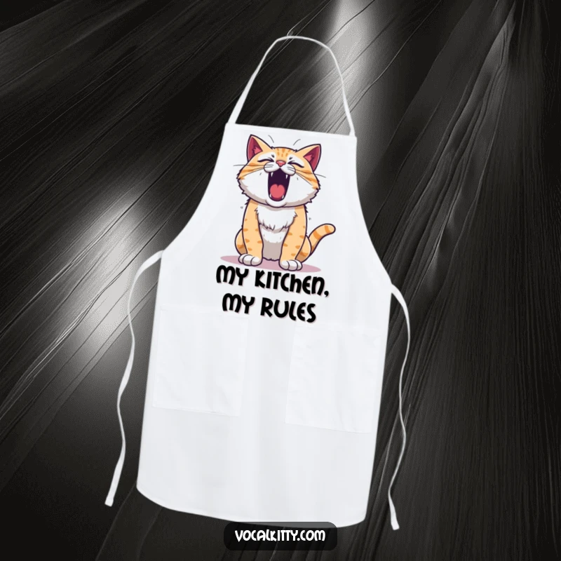 Funny roaring cat apron, chest puffed out, ready to roar while cooking or baking. A protective and loud kitchen accessory.