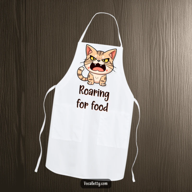Funny cat character with a determined, loud expression, ready to unleash a big sound, wearing an apron.
