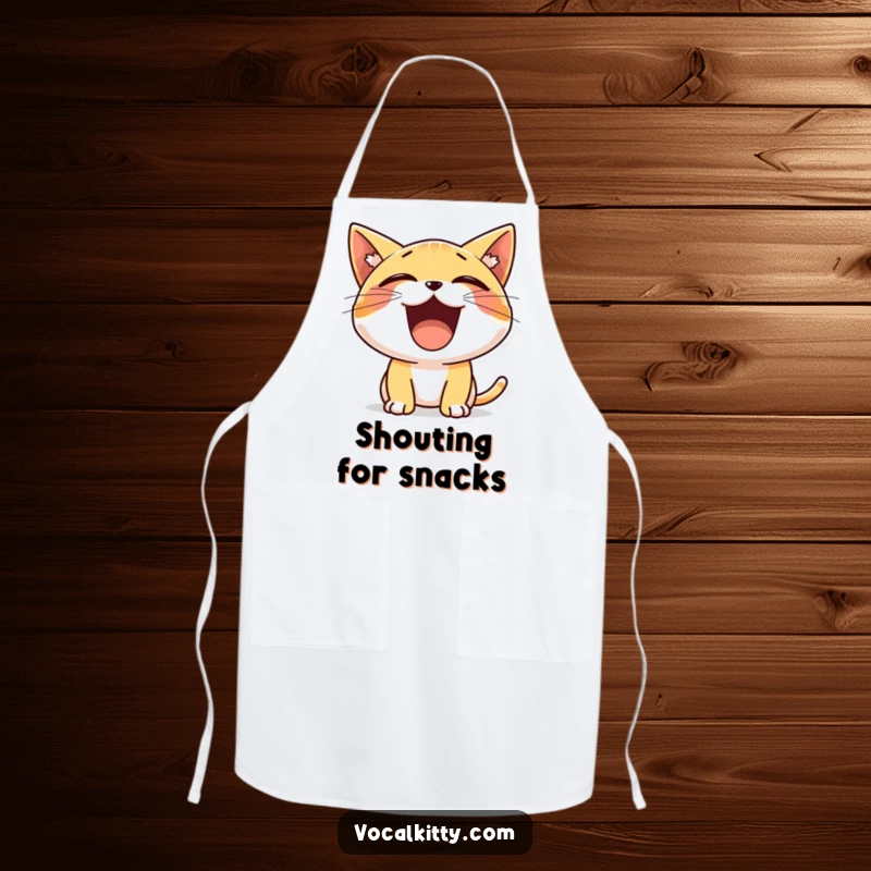 Funny apron with a small, enthusiastic cat character yelling with a wide-open mouth, adding cheer to the kitchen.