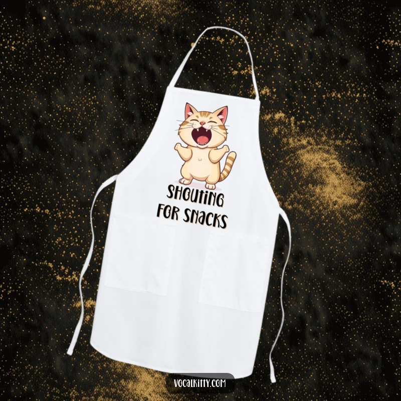Funny apron depicting a cat shaking its body while letting out an exaggerated, loud shout, for kitchen humor.