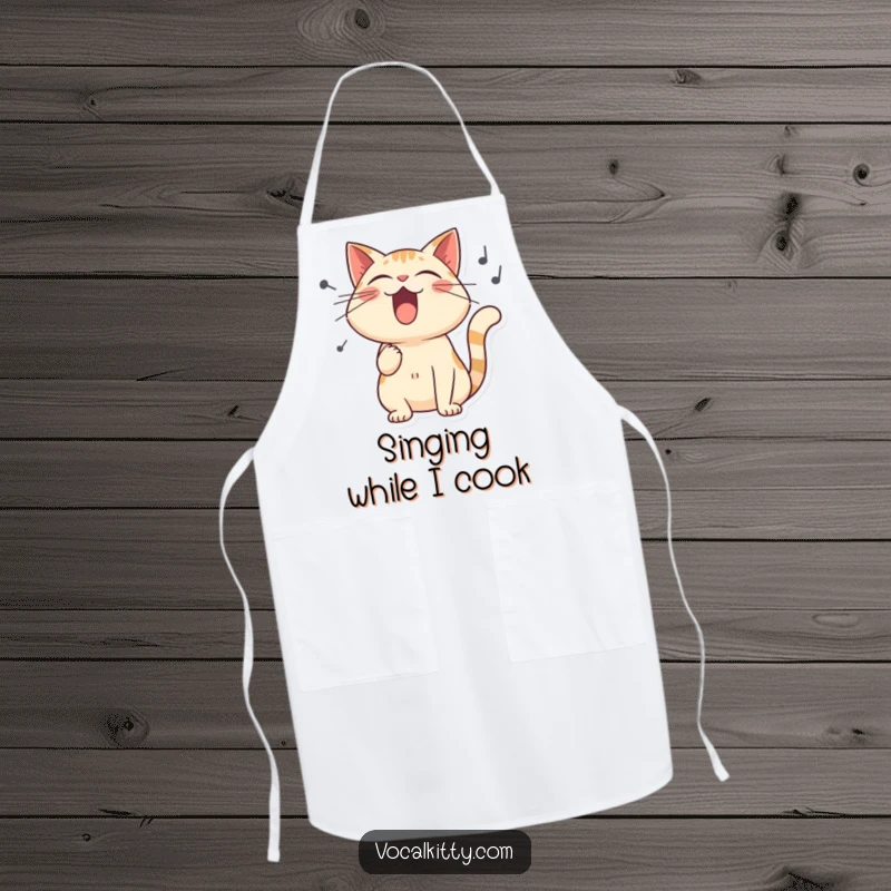 Funny apron designed with a stylized cat belting out a tune, complete with exaggerated sound waves for humor.