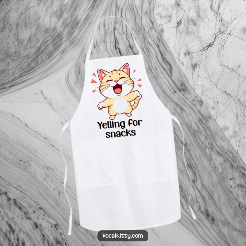 Funny apron featuring a cat playfully shouting with exaggerated expressions and dynamic motion, perfect for adding lively humor to kitchen tasks. Whimsical chef wear.