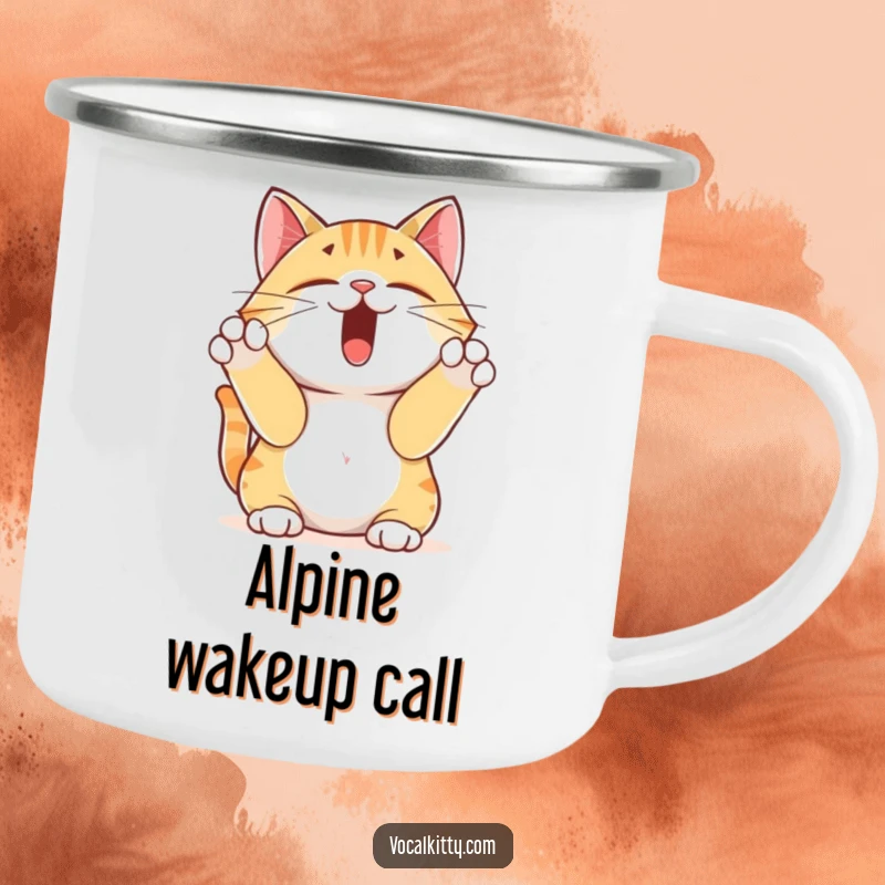 Funny yodeling cat camping mug, a cat yodeling with its paws over its ears, ready for outdoor adventures and good times.