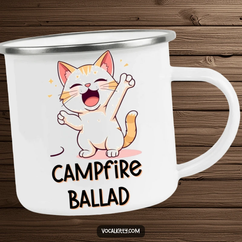 Funny camping mug showing a cartoon cat character striking a dramatic, powerful singing pose, ready to captivate the audience.