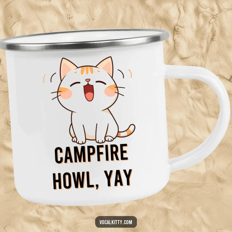 Funny camping mug with a simplified cat character whose mouth is wide open, emitting sound waves, ideal for noisy campers.