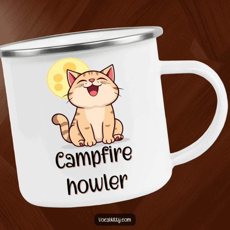 Funny howling cat moon camping mug, a grinning cat howling at a cartoon moon, ready for outdoor adventures and starry nights.