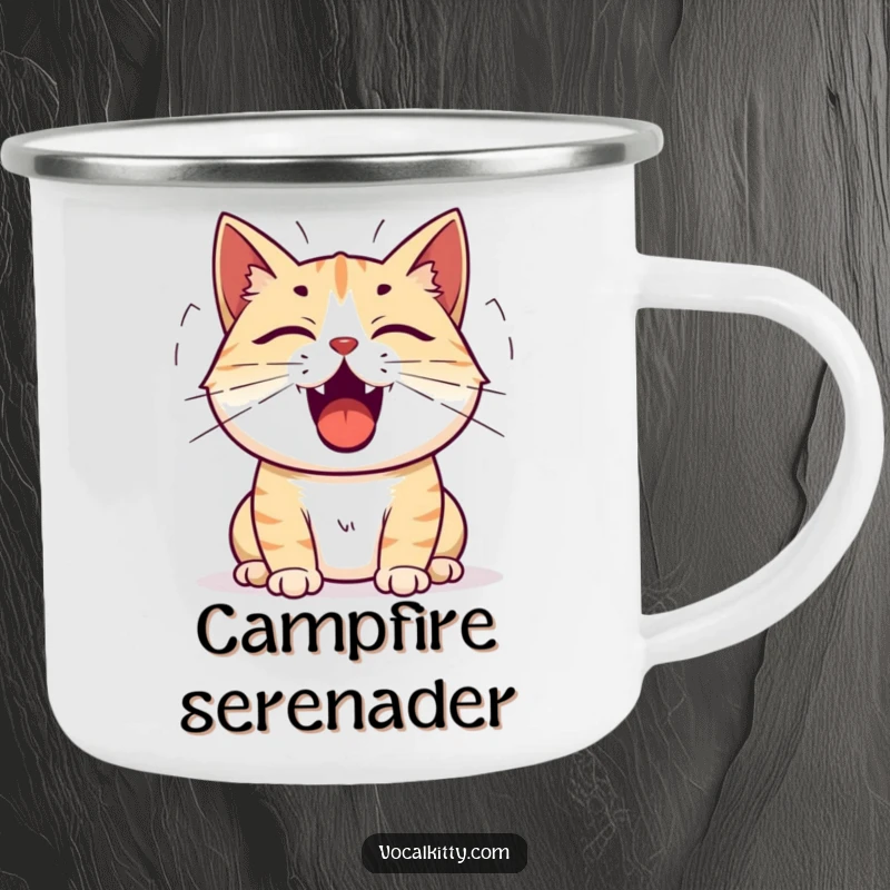 Funny cat camping mug with a cat’s mouth open and sound waves emanating, ready for any outdoor escapade.