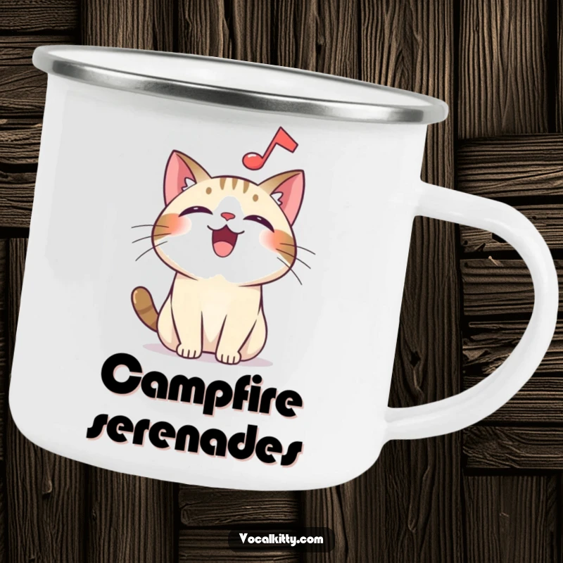 Funny overjoyed cat camping mug, with a musical note, ideal for enjoying nature's melody with humorous delight.