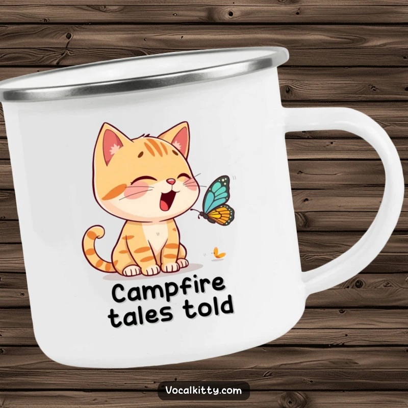 Funny Camping Mug of a cat character animatedly talking to a tiny butterfly, ready for outdoor chats.