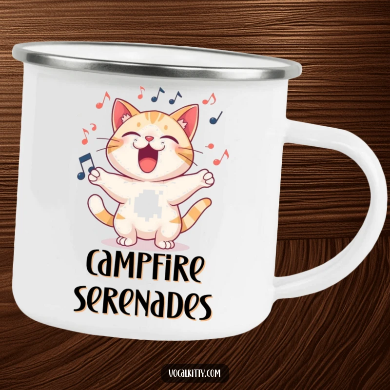 Funny Camping Mug of a cat character singing a joyful song, with musical notes swirling around.