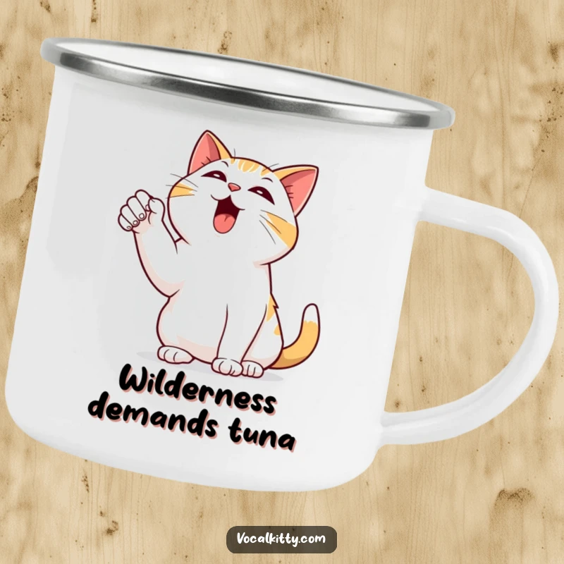 Funny enamel camping mug with a black cat dramatically pointing a paw to the sky and bellowing, ready for outdoor fun.