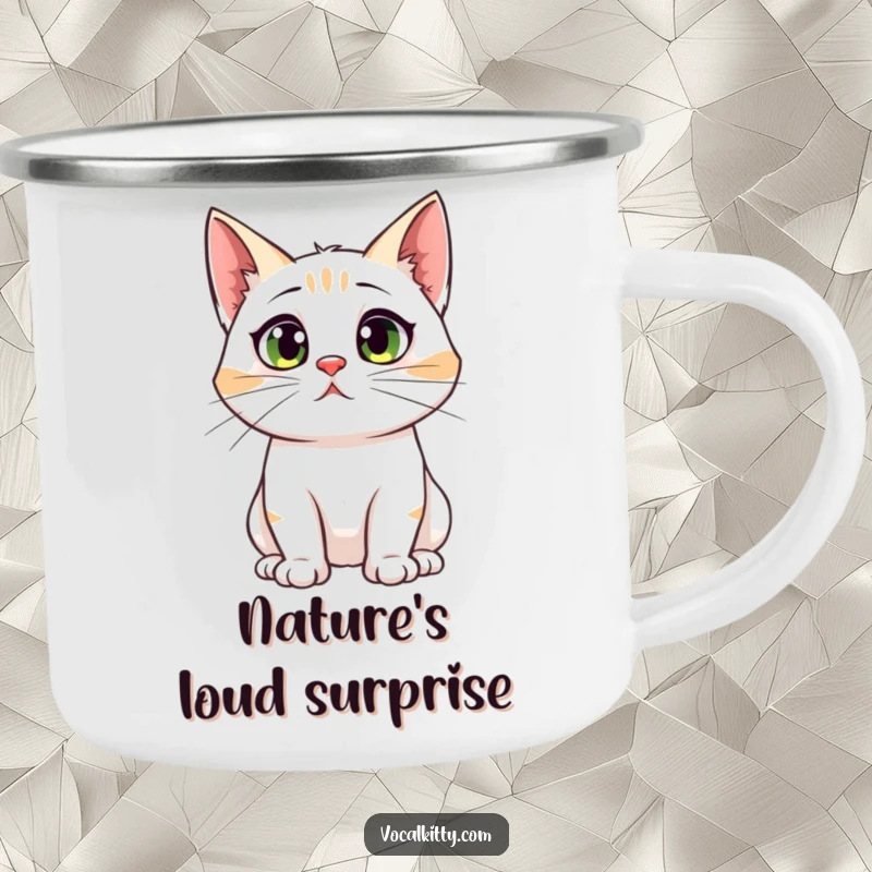 Funny camping mug featuring a cat with comically large ear canals looking startled, perfect for outdoor enthusiasts who love humor about being easily surprised.